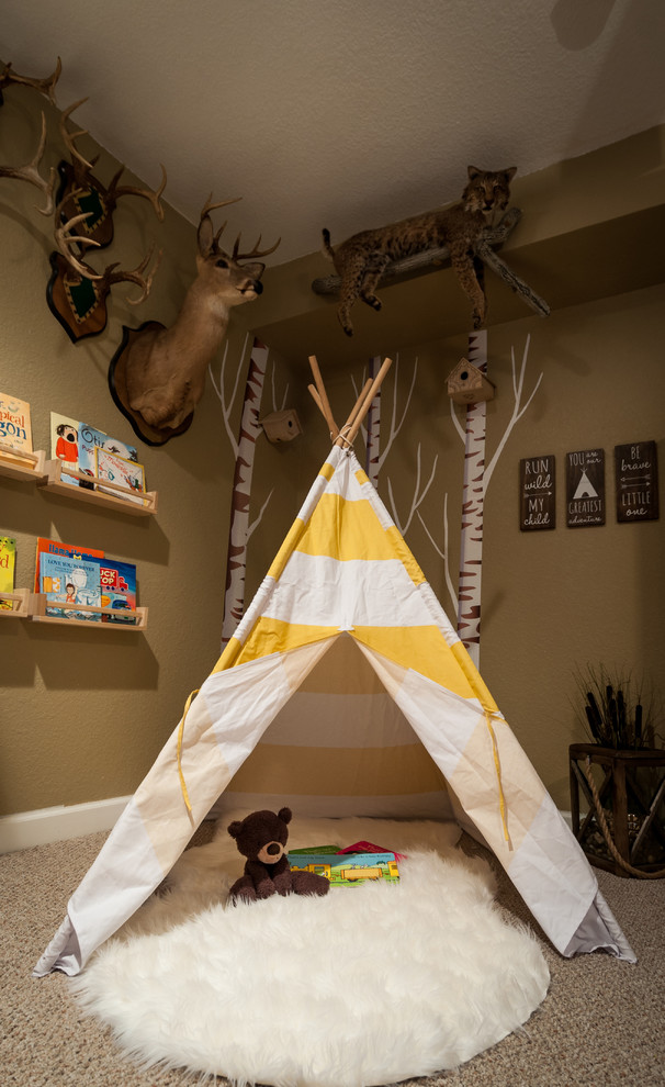 Playroom - mid-sized rustic gender-neutral carpeted playroom idea with brown walls