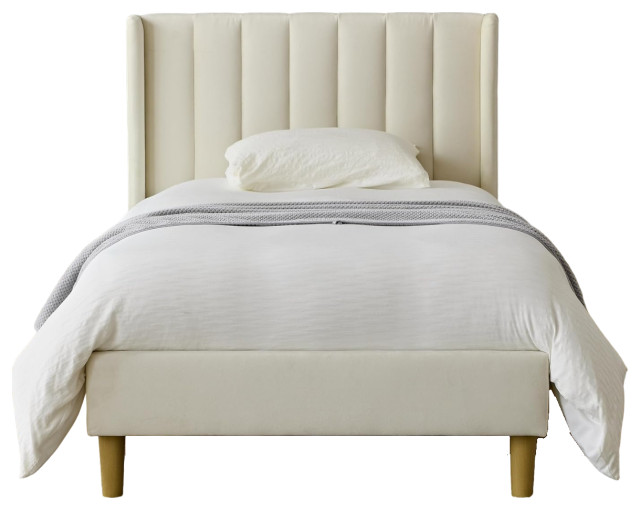 Modern Platform Bed, Flannel Upholstered Wingback Headboard, Cream/Twin