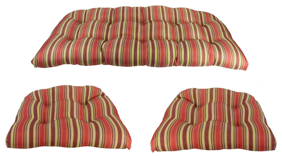 3Piece Wicker Furniture Cushion Set, Red and Green Stripe
