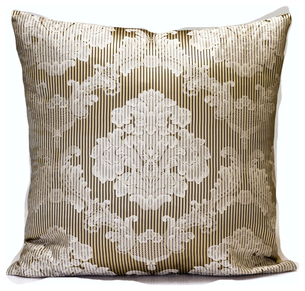 Silk Throw Pillow Cover In Ivory And Gold Mediterranean Decorative