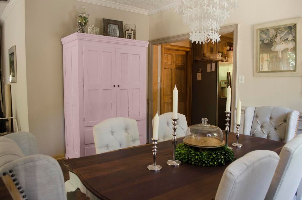Example of a mid-sized transitional dark wood floor kitchen/dining room combo design in Dallas with beige walls and no fireplace