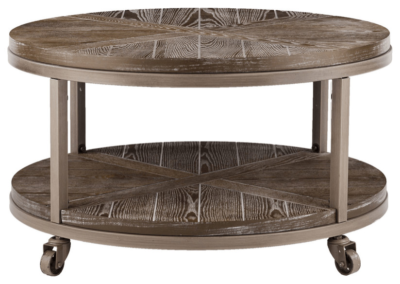 32" Brown Rustic and Distressed Round Two Tier Rolling Coffee Table