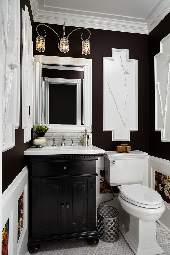 Inspiration for a small transitional powder room in Minneapolis with an undermount sink, beaded inset cabinets, dark wood cabinets, marble benchtops, a two-piece toilet, multi-coloured tile, mosaic tile, brown walls and marble floors.