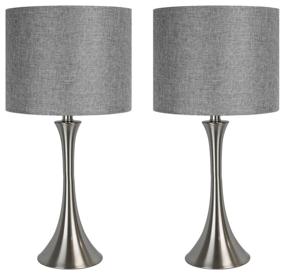 24.25" Brushed Nickel Table Lamps With Gray Textured Drum Shades, Set of 2