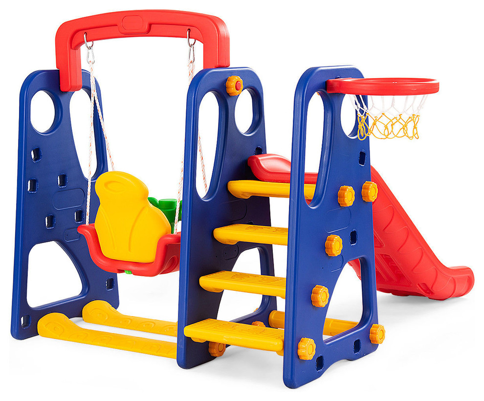 3 IN 1 Fun Swing Set Kids Playground Slide Outdoor Backyard w/Basketball Hoop W1 