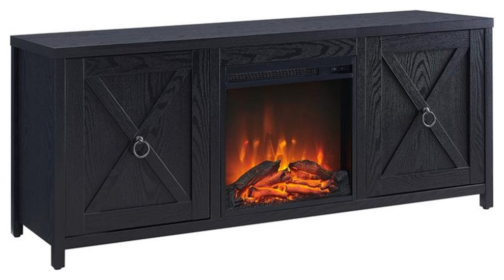 Pemberly Row 58" TV Stand with Log Fireplace Insert in Black (TVs up to