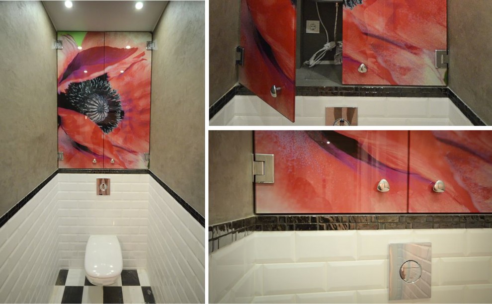 Стильный дизайн: туалет среднего размера в современном стиле с плоскими фасадами, инсталляцией, белой плиткой, керамической плиткой, белыми стенами и полом из керамической плитки - последний тренд