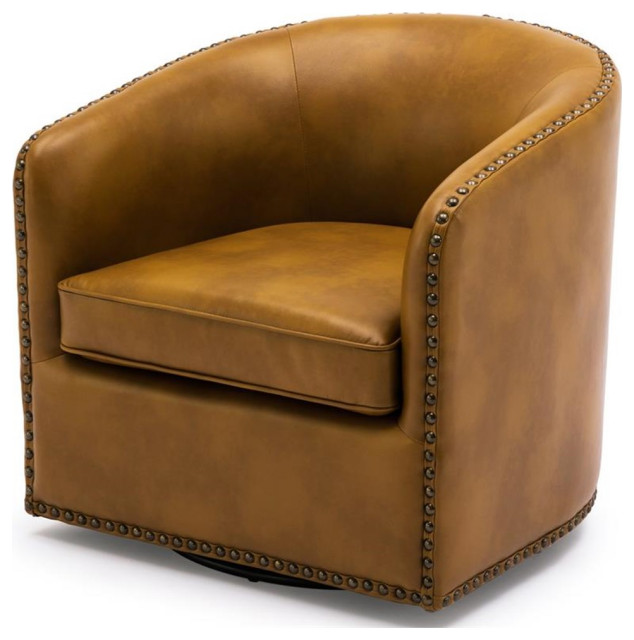 Pemberly Row Camel Brown Faux Leather Swivel Arm Chair with Nailhead