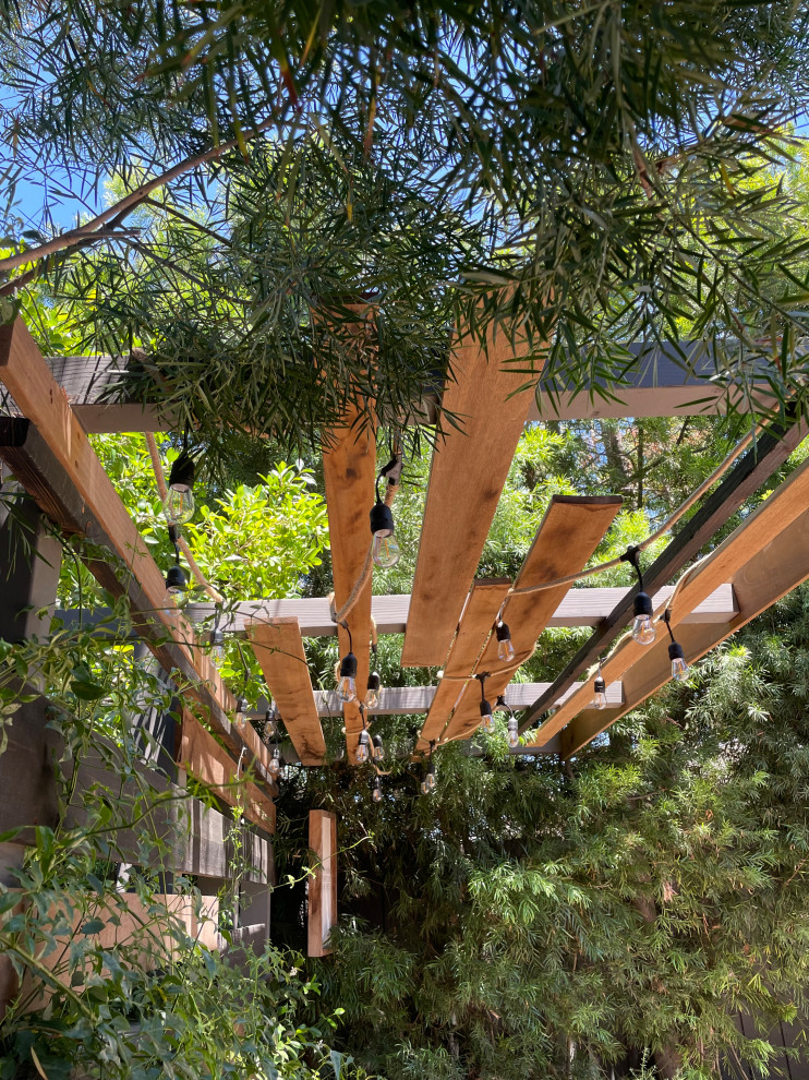 Exempel på en mellanstor eklektisk bakgård i full sol som tål torka och insynsskydd på våren, med trädäck