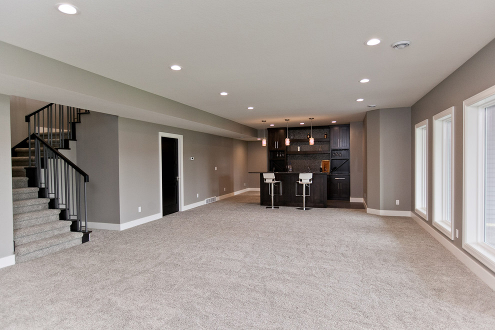 Inspiration for a large transitional walk-out basement in Cedar Rapids with grey walls, carpet, no fireplace and grey floor.