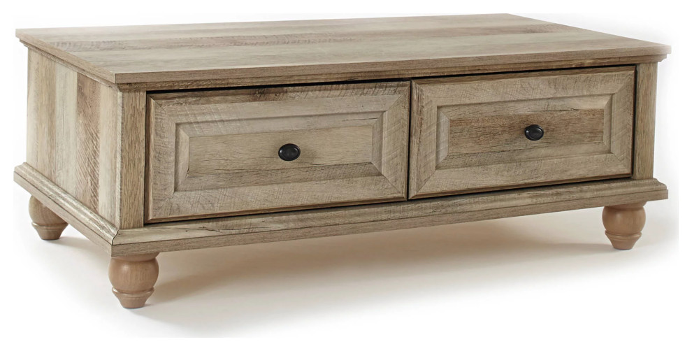 Traditional Coffee Table, Bun Feet and Large Top With 2 Drawers