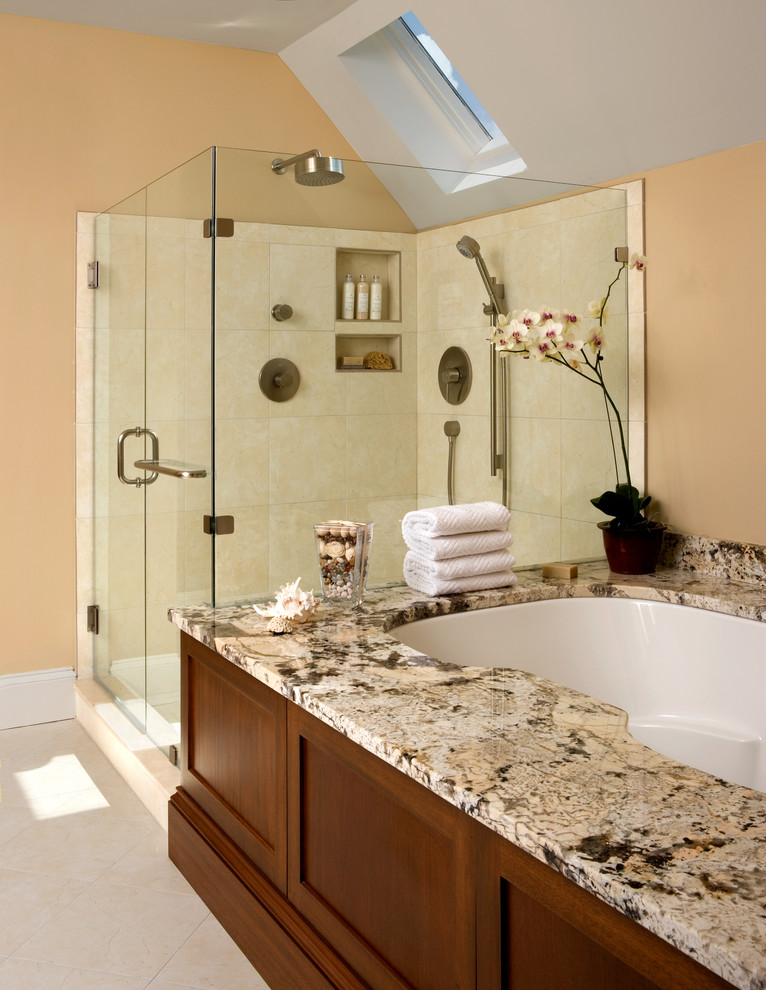 Inspiration for a traditional bathroom in Charleston with an alcove shower and beige tile.