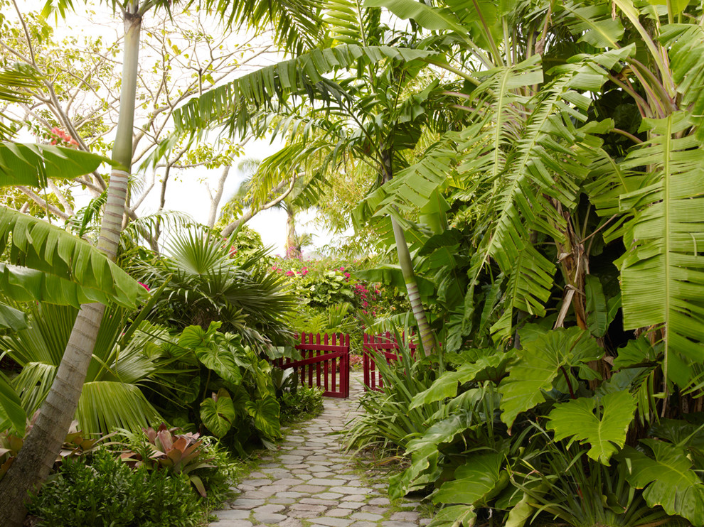 Tropical shaded garden in Miami with natural stone pavers.