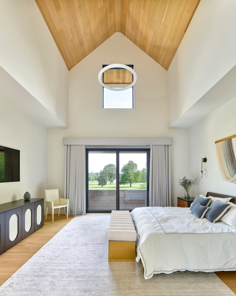 Стильный дизайн: хозяйская спальня среднего размера, в белых тонах с отделкой деревом в современном стиле с белыми стенами, светлым паркетным полом и сводчатым потолком - последний тренд