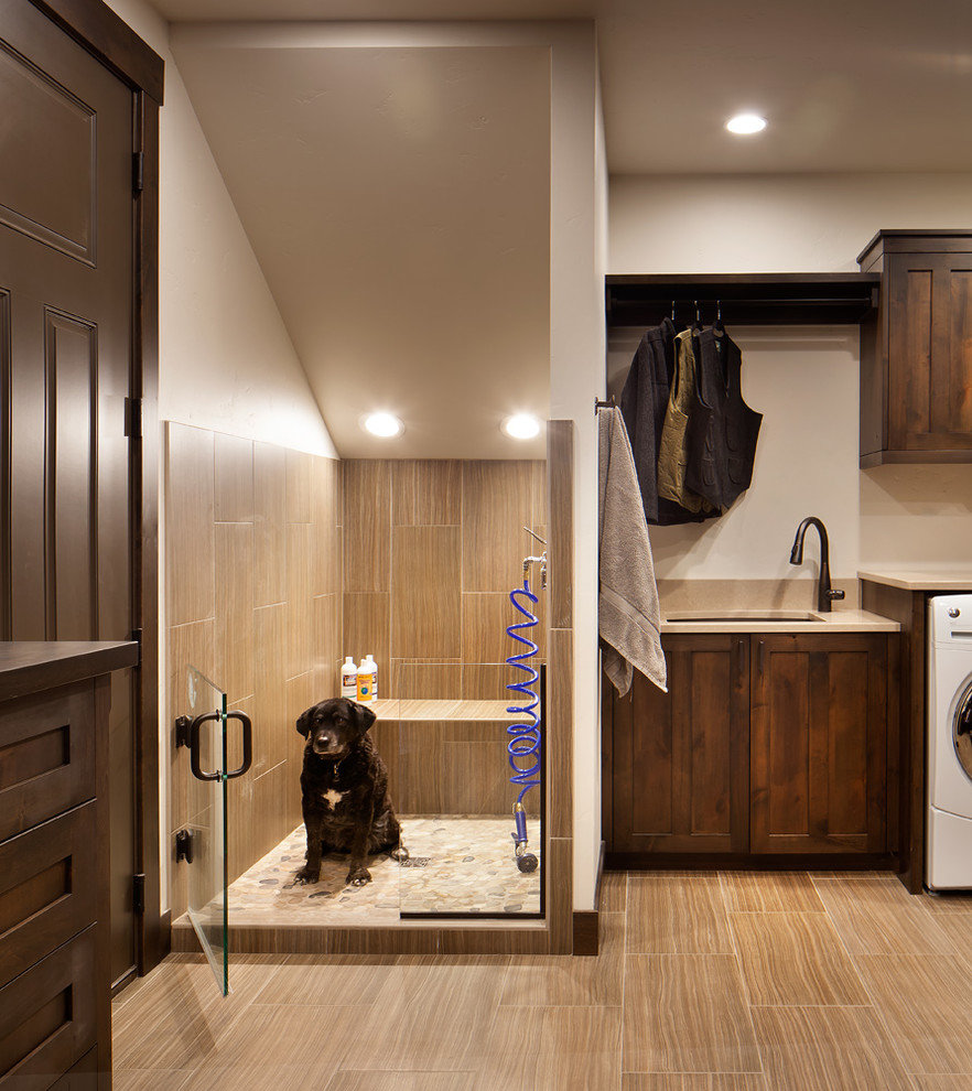 Design ideas for a country utility room in Other with an undermount sink, dark wood cabinets and white walls.