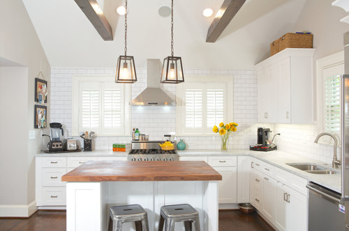 exposed ceiling beams in newly remodeled kitchen