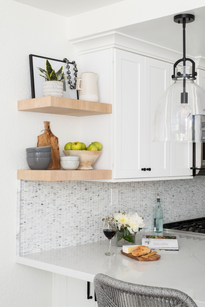 Floating Shelves and Airy Black Pendant Lighting - Farmhouse - Kitchen ...