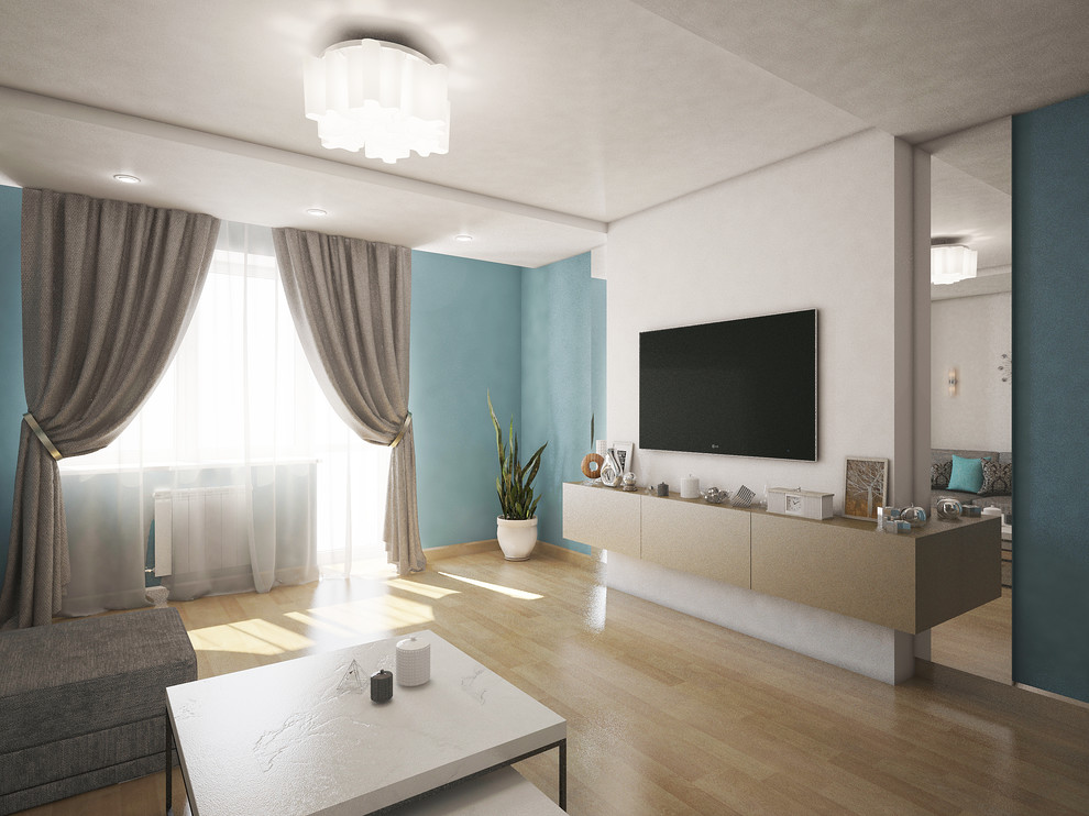 Проект современной гостиной в голубых тонах