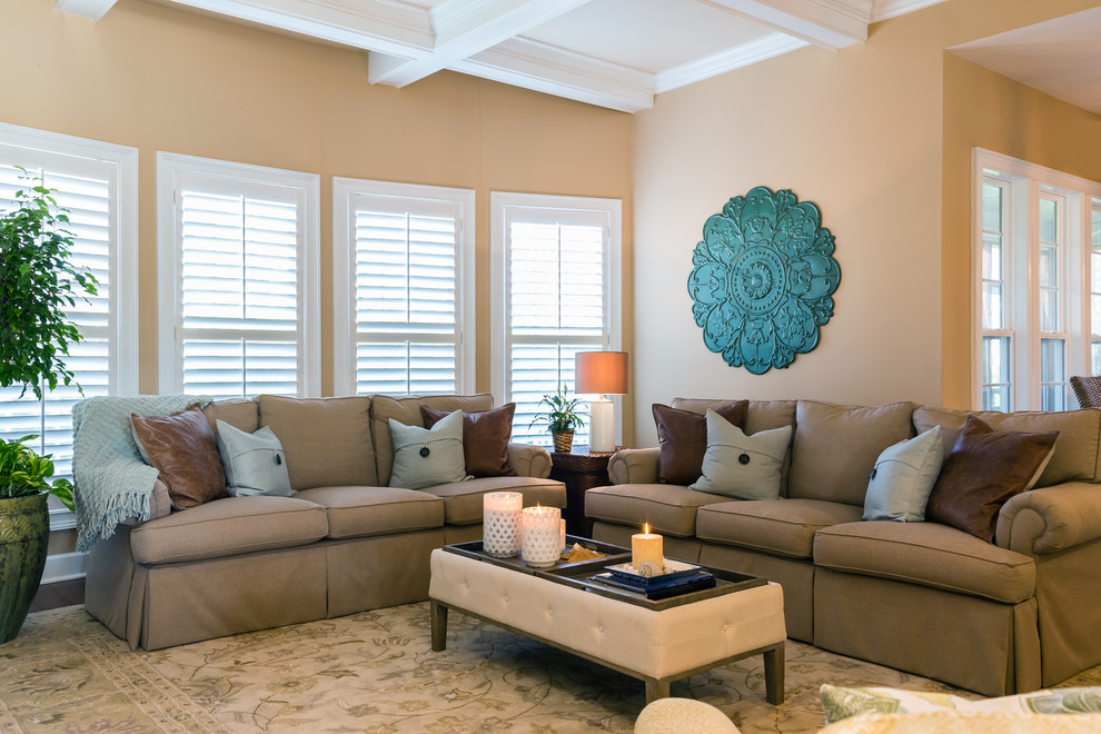 Design ideas for a mid-sized transitional family room in Raleigh.