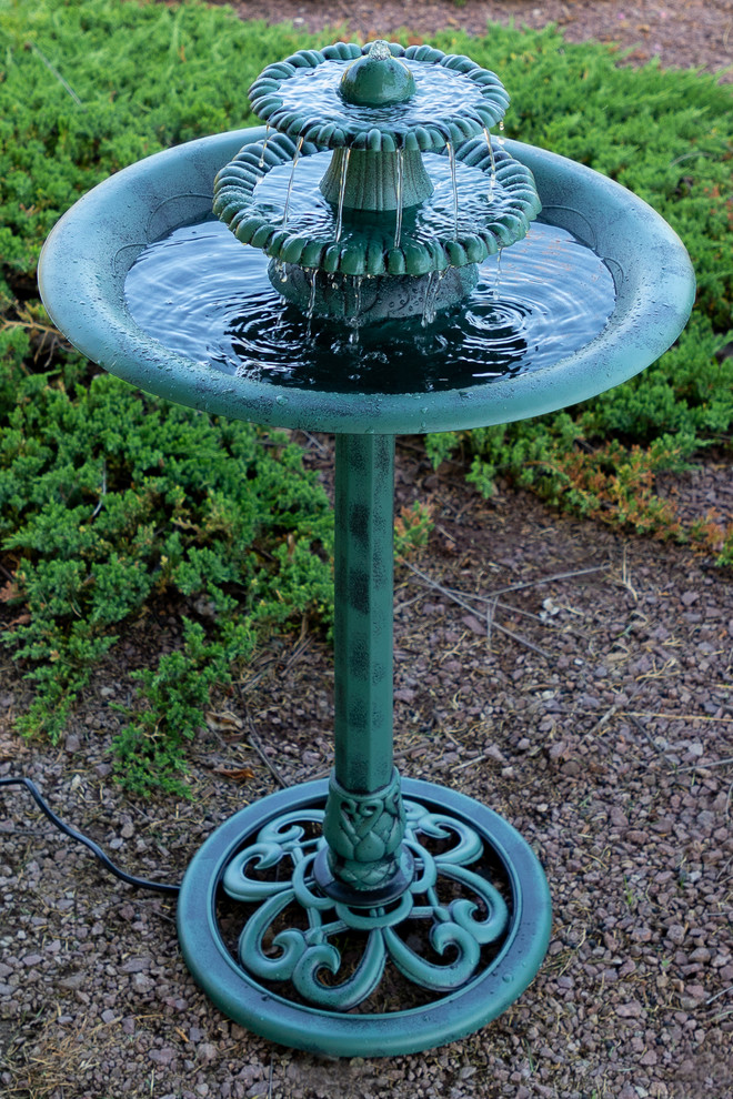 Alpine Tiered Pedestal Garden Water Fountain and Birdbath, Dark Green