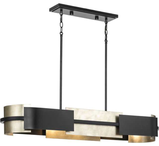 Lowery 4-Light Matte Black Linear Chandelier With Aged Silver Leaf Accent