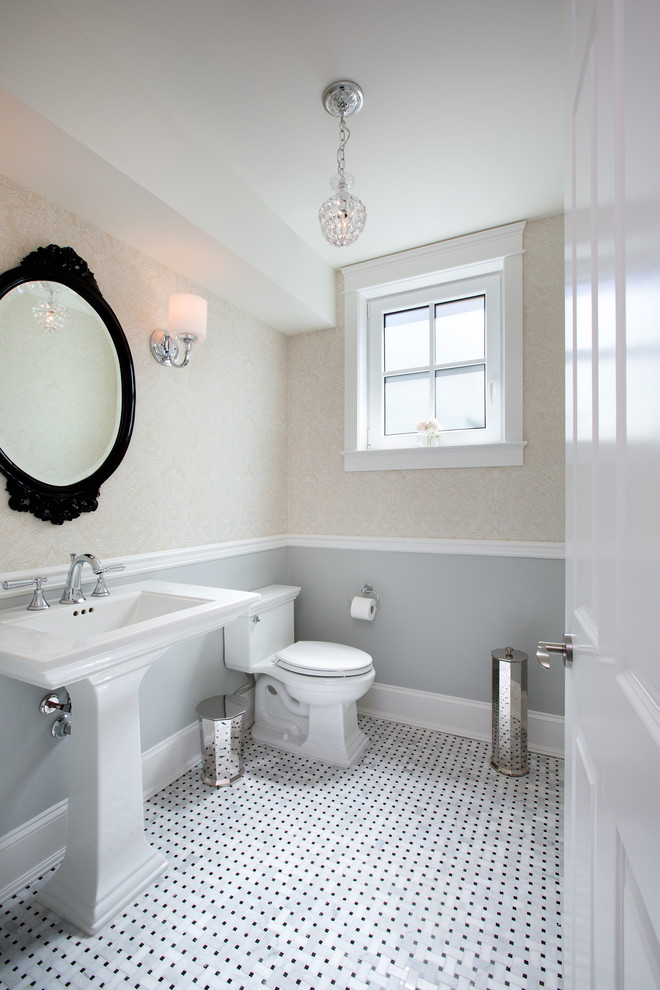 Mid-sized traditional 3/4 bathroom in Vancouver with a pedestal sink, a one-piece toilet, white tile, mosaic tile, beige walls and mosaic tile floors.