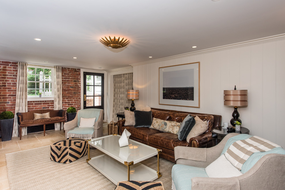 Basement - mid-sized transitional underground ceramic tile and beige floor basement idea in DC Metro with white walls