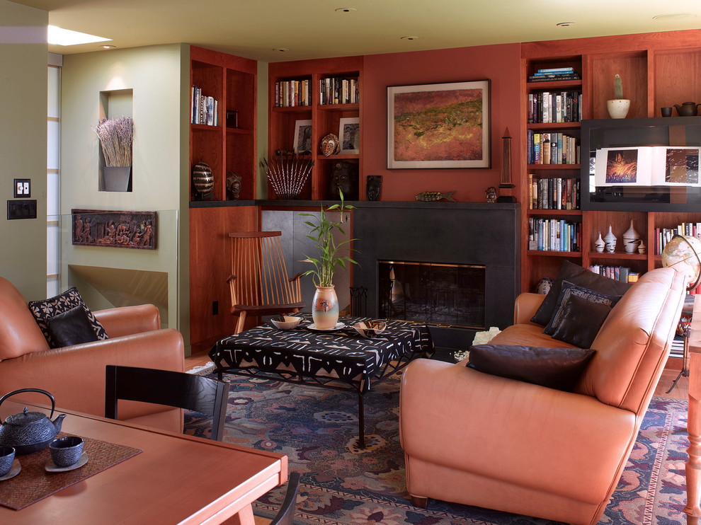Design ideas for a contemporary living room in San Francisco with a standard fireplace and a concrete fireplace surround.