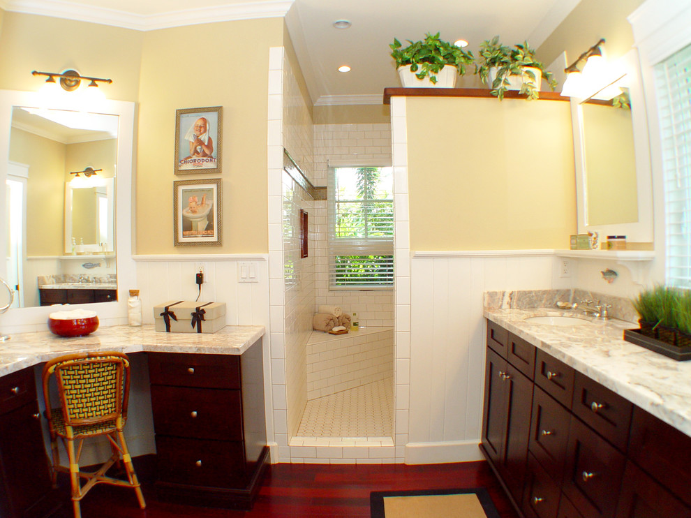 Inspiration for a tropical bathroom in Hawaii with subway tile and an undermount sink.