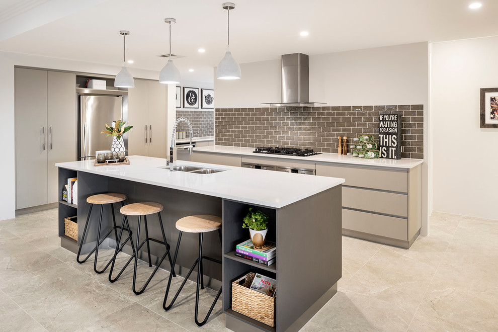Mid-sized contemporary galley open plan kitchen in Perth with a double-bowl sink, grey cabinets, quartz benchtops, grey splashback, ceramic splashback, stainless steel appliances, ceramic floors and with island.