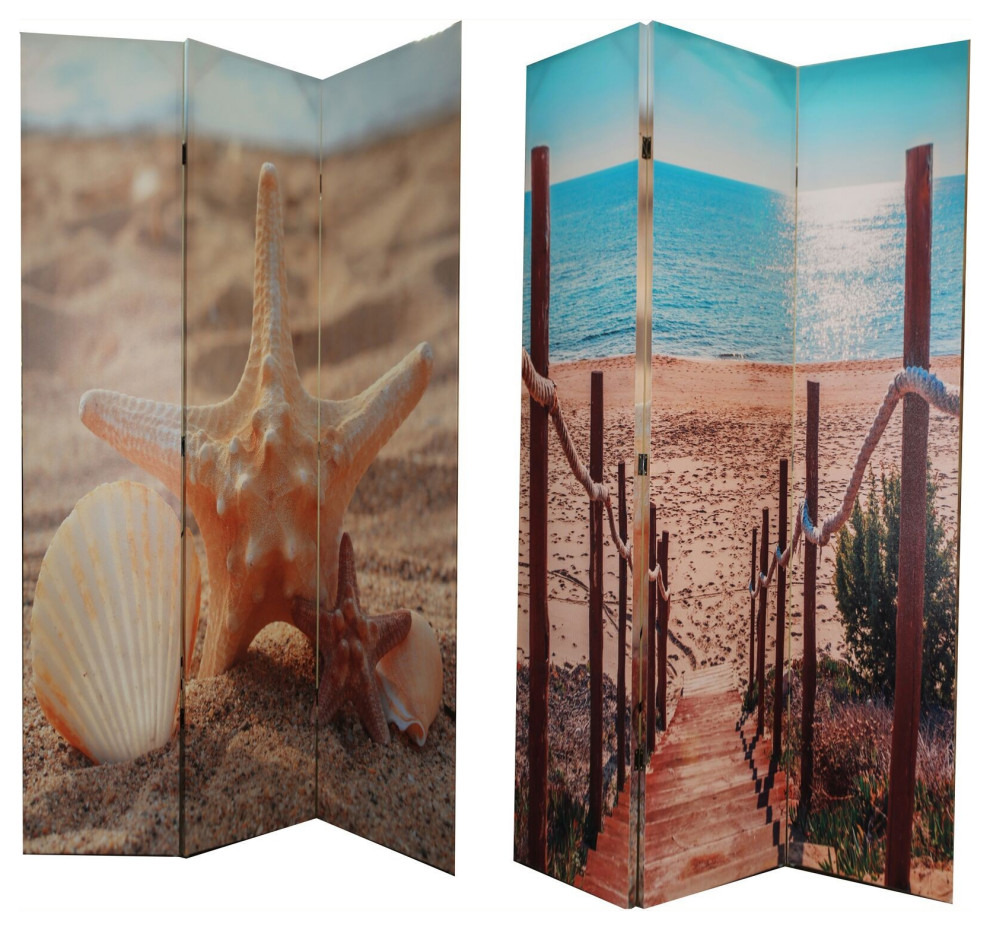 3 Panel Double Sided Room Divider With Beach Theme Print Beach Style Screens And Room
