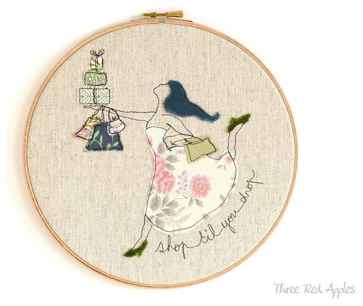 Embroidery Textile Art in a Hoop, 'Shop 'til you Drop' by Three Red Apples