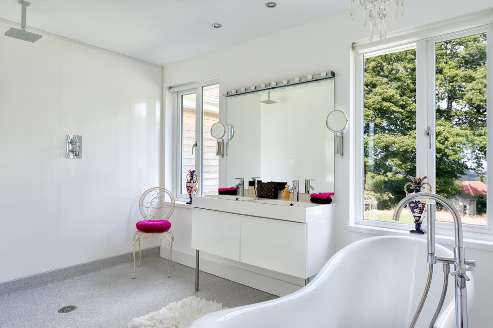 Design ideas for a large traditional master bathroom in Devon with flat-panel cabinets, white cabinets and white tile.