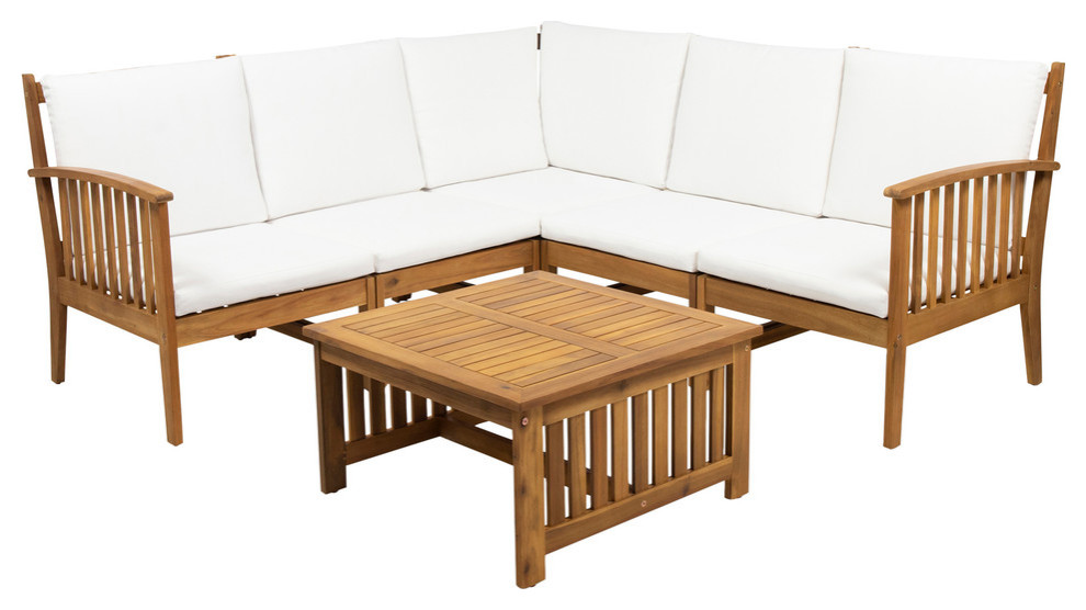 Maud Outdoor 5 Seater Acacia Wood Sofa Sectional Set, Brown Patina, White