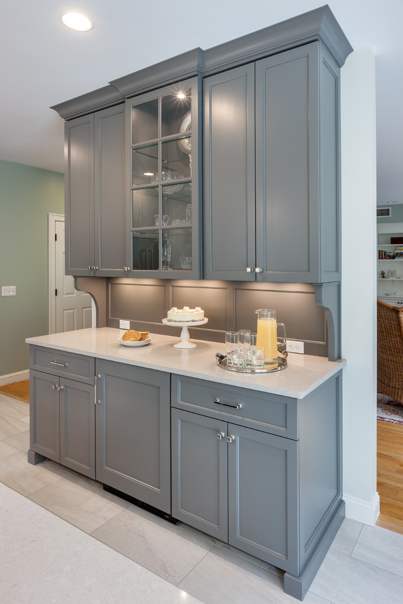 Example of a transitional kitchen design in Boston with an undermount sink, gray cabinets, quartzite countertops and stainless steel appliances