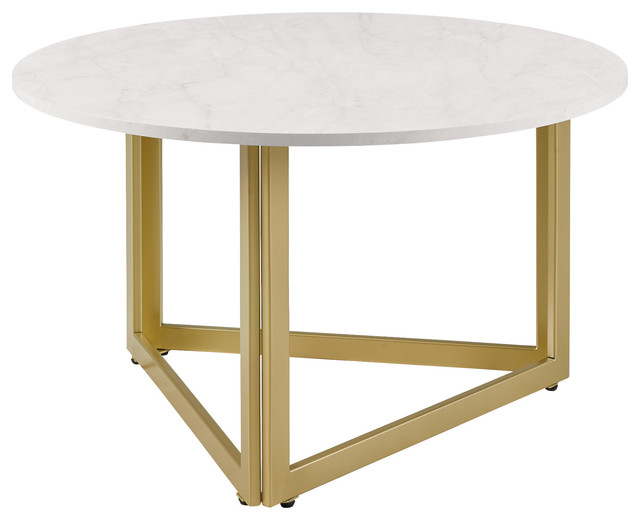 32" Modern Metal Base Round Coffee Table, White Faux Marble