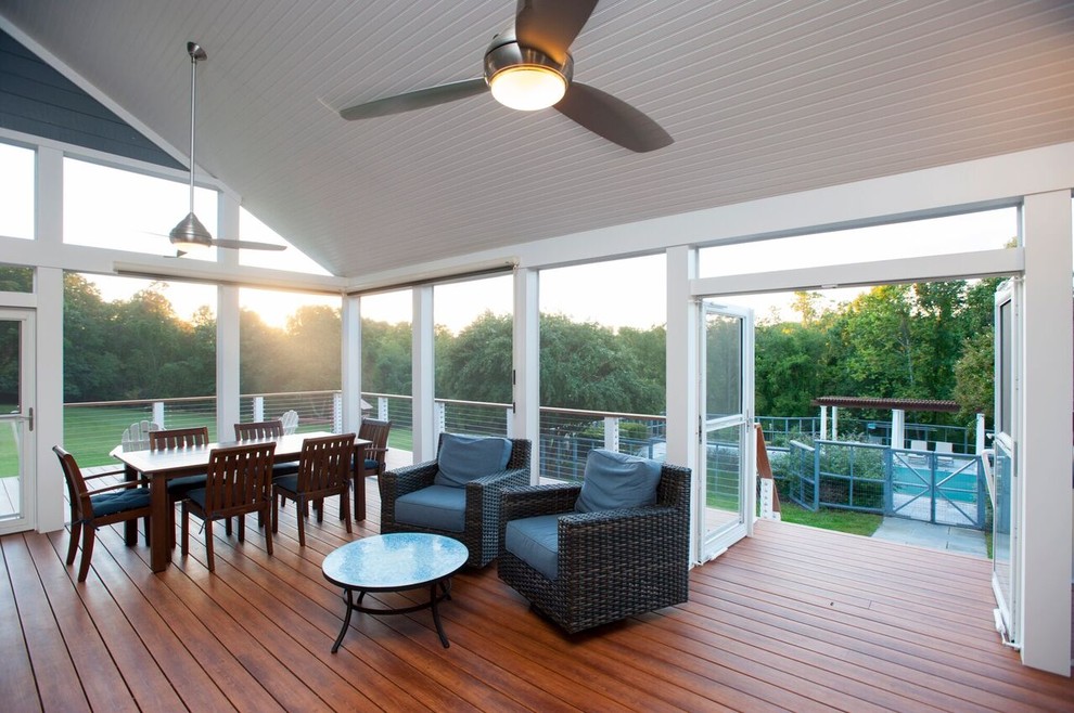 Inspiration for a large transitional backyard screened-in verandah in DC Metro with decking and a roof extension.