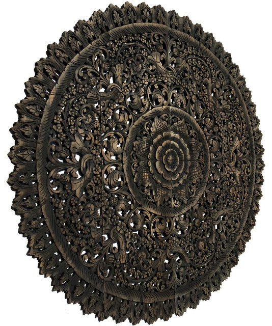 Round Bali Floral Wood Carved Wall Art Panel Home Decor - Asian - Wall ...