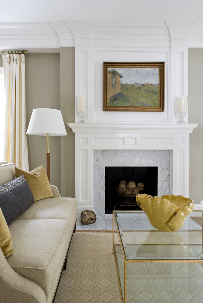 Traditional formal enclosed living room in DC Metro with beige walls, carpet, a standard fireplace, a stone fireplace surround and no tv.