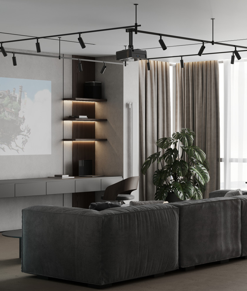На фото: объединенная гостиная комната среднего размера в современном стиле с серыми стенами, полом из винила, серым полом и скрытым телевизором