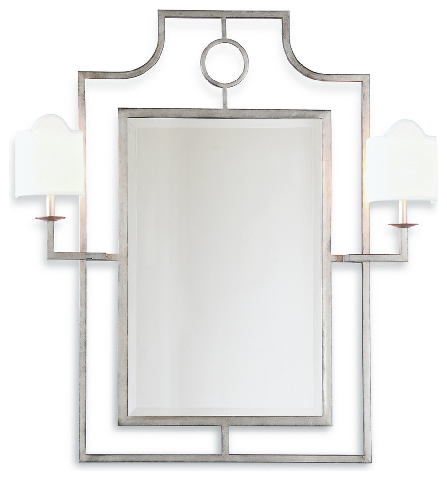 Doheny Hollywood Regency Bamboo Silver Leaf Mirror With Sconces
