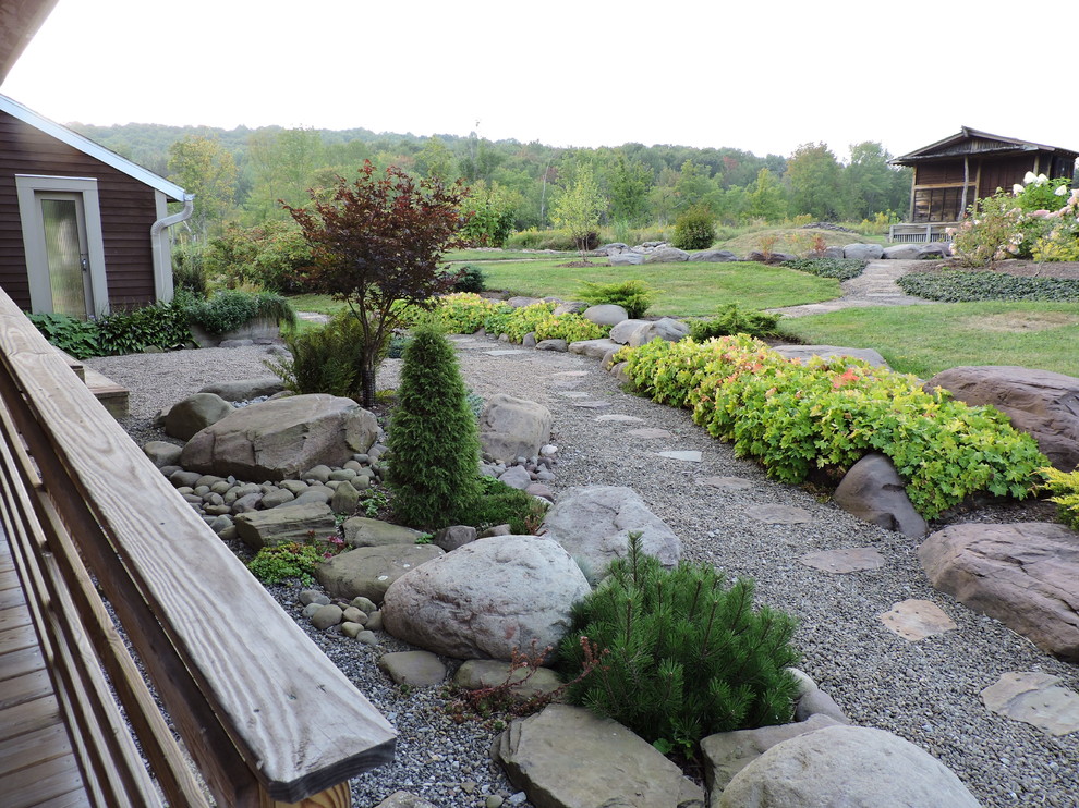 Photo of a mid-sized asian backyard shaded xeriscape in New York with a garden path and gravel.