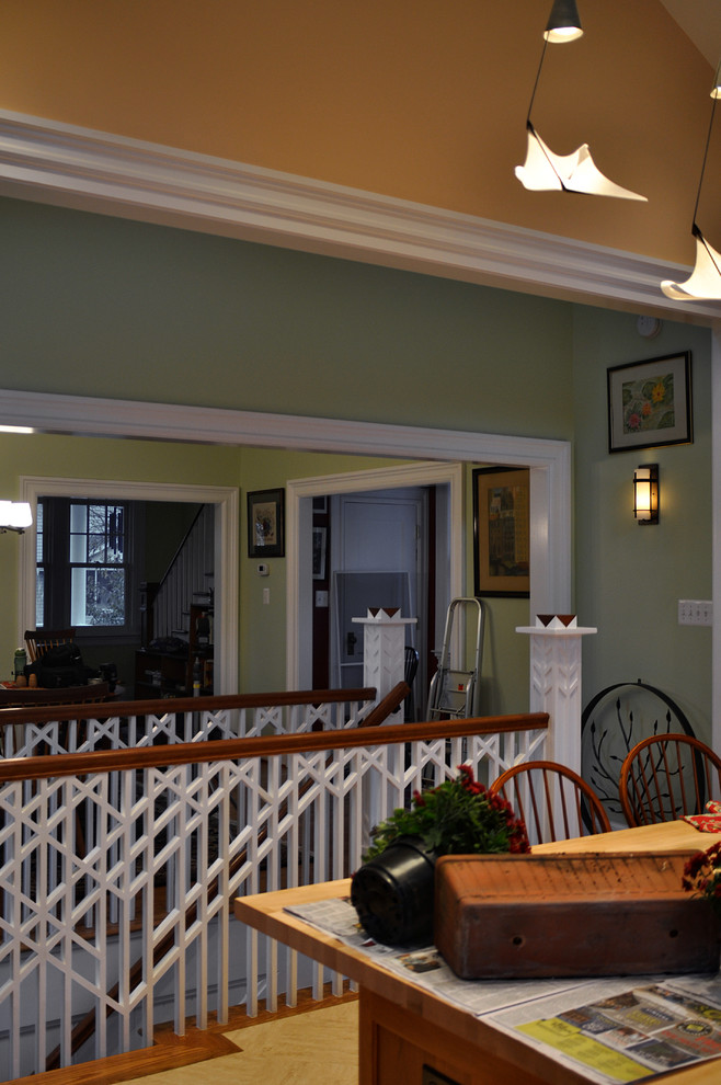 Mid-sized transitional wooden straight wood railing staircase photo in DC Metro with painted risers
