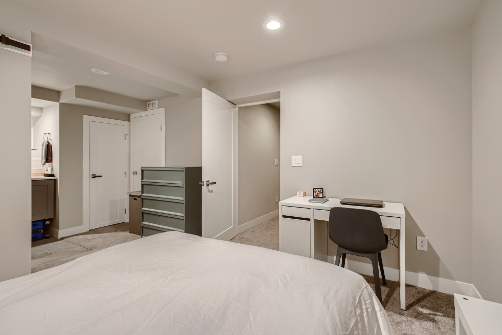 Свежая идея для дизайна: маленькая спальня в современном стиле с серыми стенами, ковровым покрытием и серым полом для на участке и в саду - отличное фото интерьера