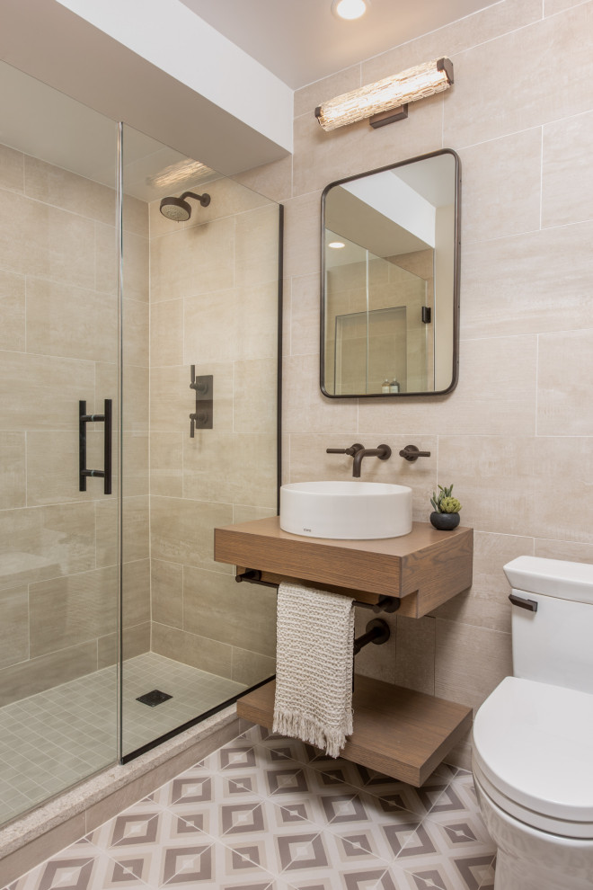 This is an example of a small contemporary cloakroom in Chicago with beige tiles, beige walls, a vessel sink, wooden worktops, brown worktops, a floating vanity unit, medium wood cabinets, porcelain tiles and ceramic flooring.