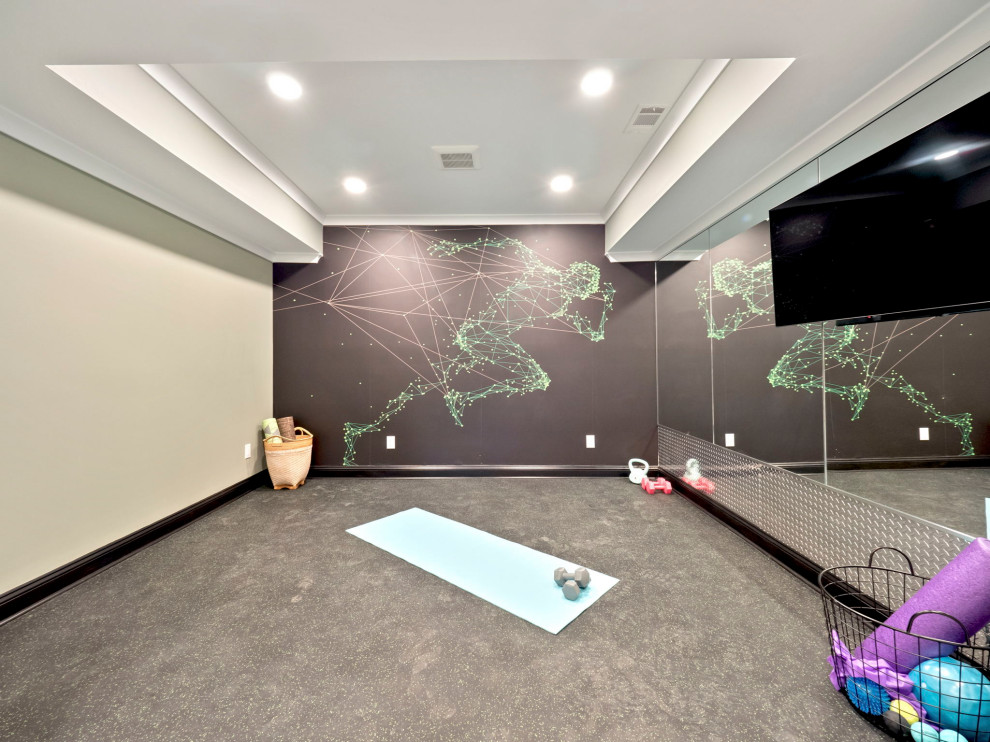 Inspiration for a mid-sized eclectic multipurpose gym in Other with green walls and black floor.