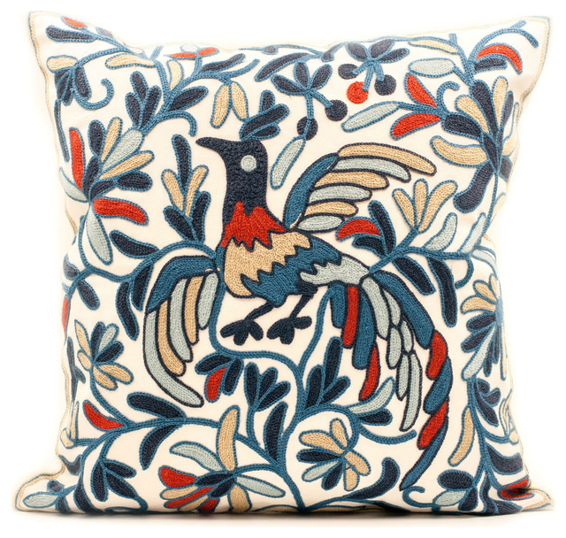 Paradise Bird Embroidered Throw Pillow Cover