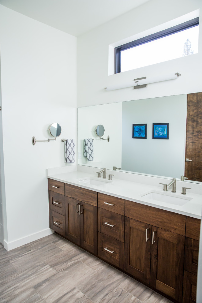 Mid-sized transitional master bathroom in Other with shaker cabinets, dark wood cabinets, white walls, porcelain floors, an undermount sink, quartzite benchtops, grey floor, a curbless shower, gray tile, porcelain tile and an open shower.