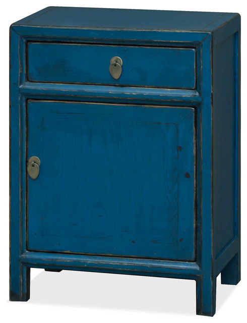 Chinese Ming Style Nightstand Cabinet Distressed Blue Asian Chinese Ming Style Nightstand Cabinet Distressed Blue