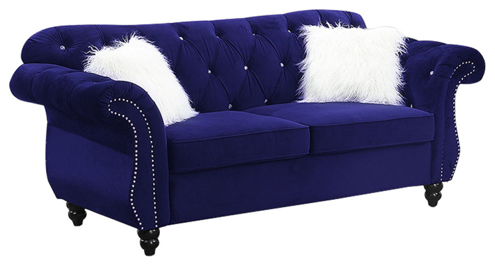 Loveseat with Button Tufted Back in Indigo Traditional Loveseats